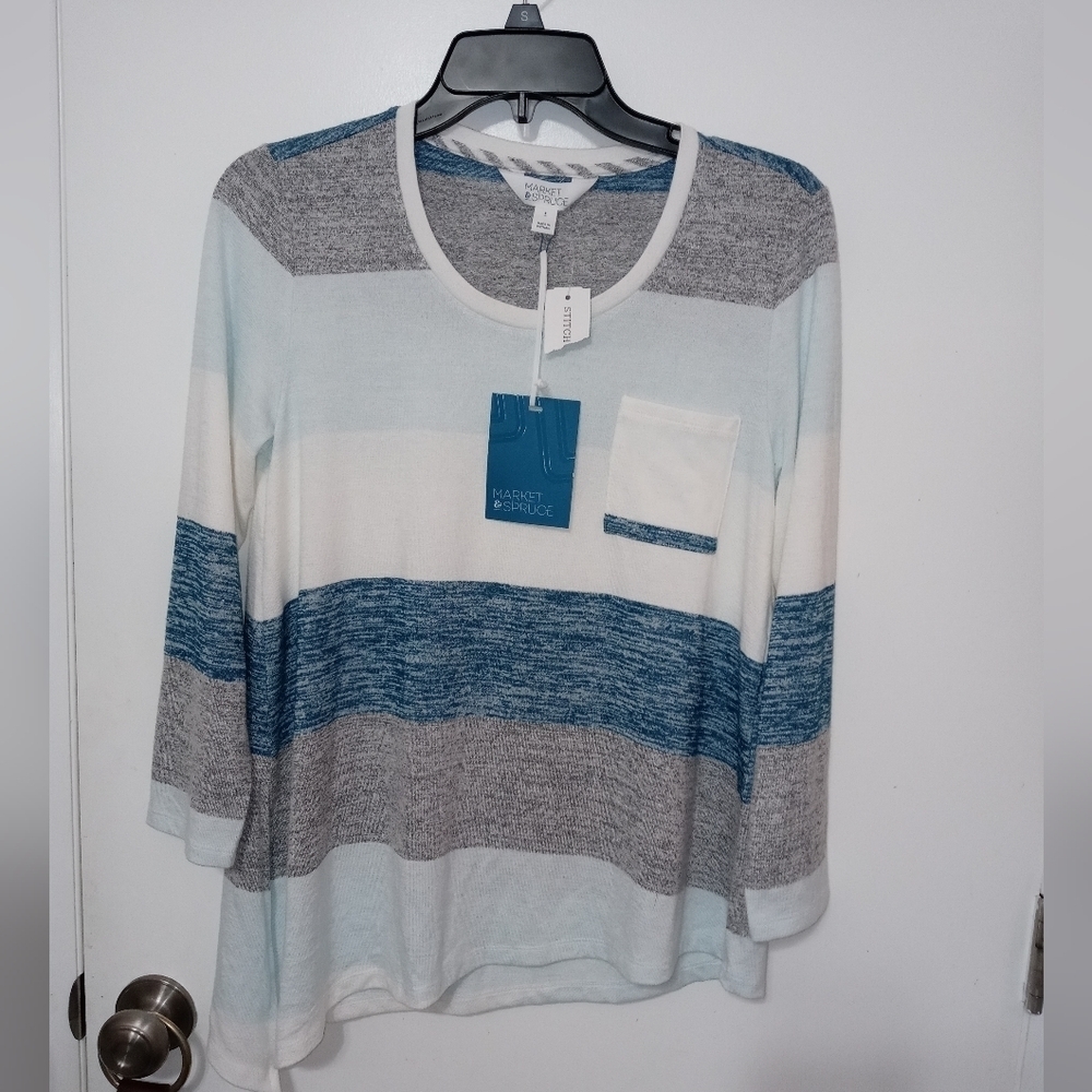 MARKET & SPRUCE STRIPED LONG SLEEVE UNEVEN HEM CASUAL STRETCH SHIRT STITCH FIX S
